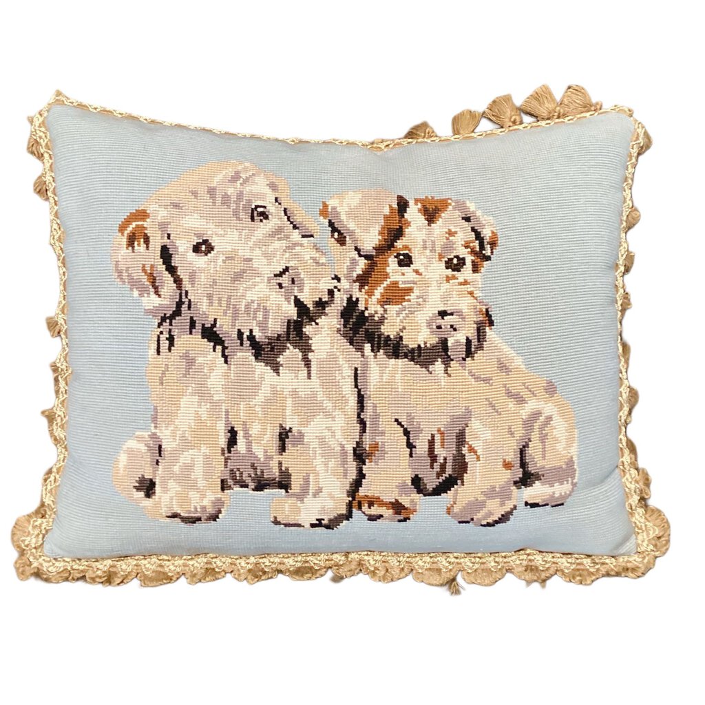 1940s Light Blue Cross-stitch Pillow w. Two White Terriers