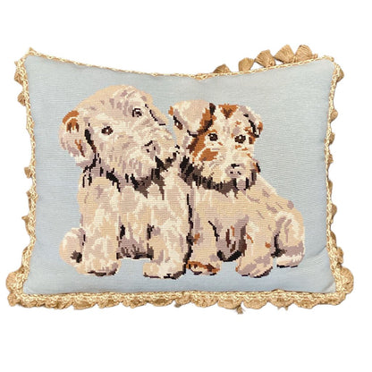 1940s Light Blue Cross-stitch Pillow w. Two White Terriers