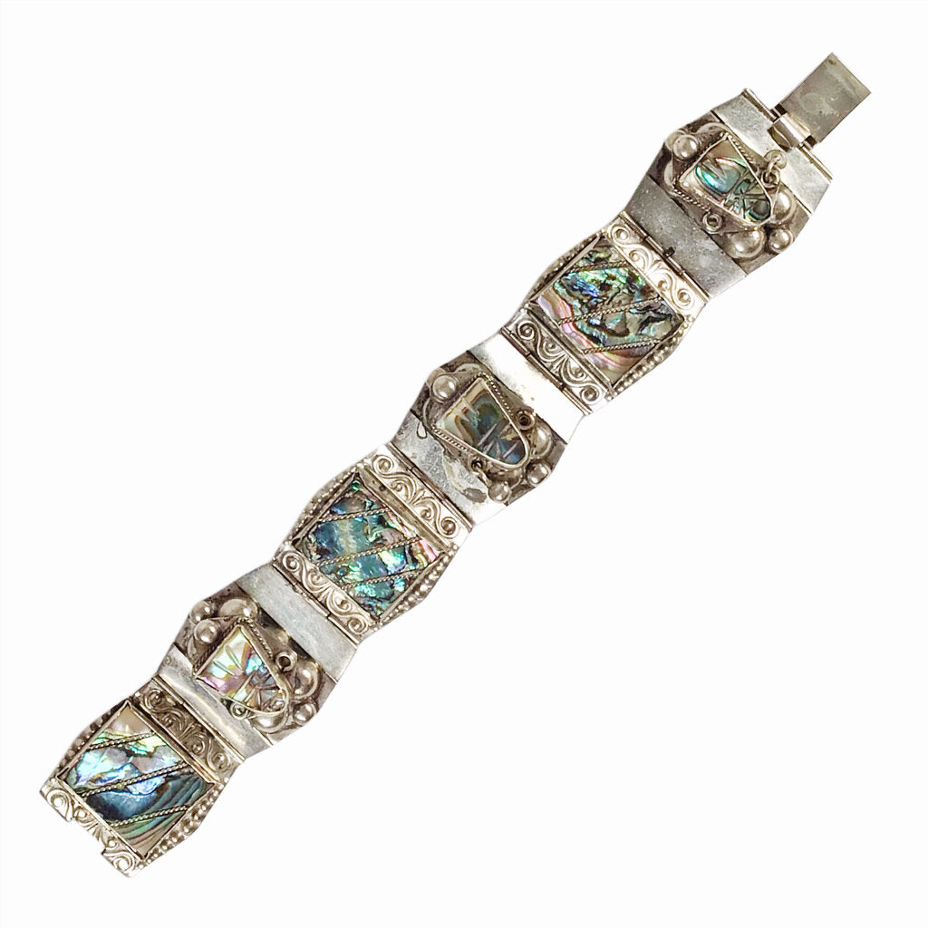 Vintage Mexican Sterling & Abalone Panel Bracelet