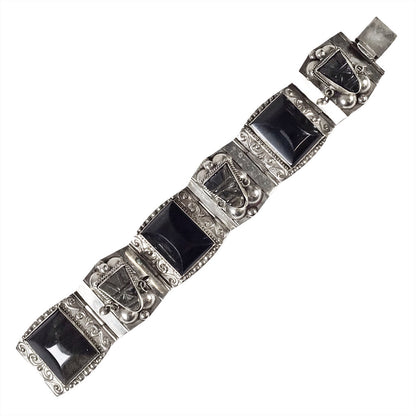 Vintage Mexican Sterling & Black Stone Panel Bracelet