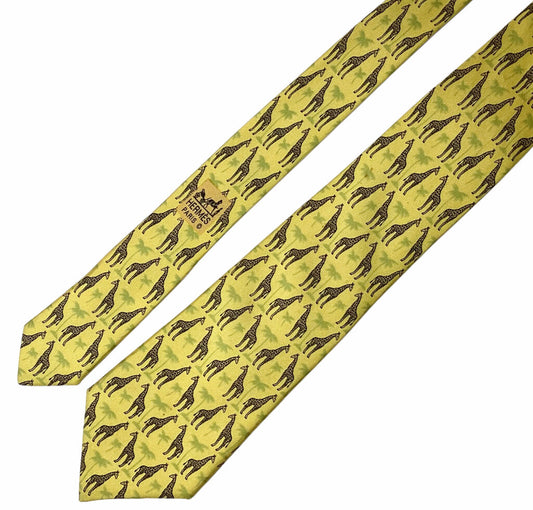 Hermes Yellow Giraffe Silk Necktie 7314 EA