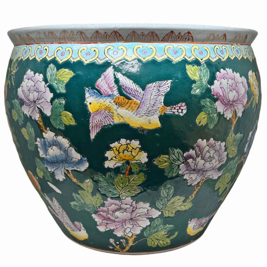 Large Chinese Ceramic Floral w. Birds Jardinier Planter