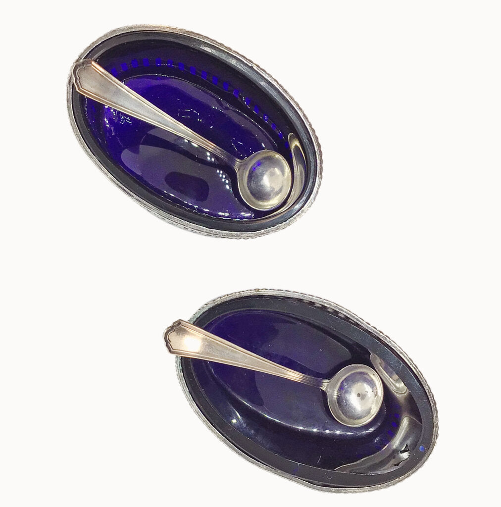 Pair/Silverplated & Blue Glass Salt Cellars w/Sterling Salt Spoons