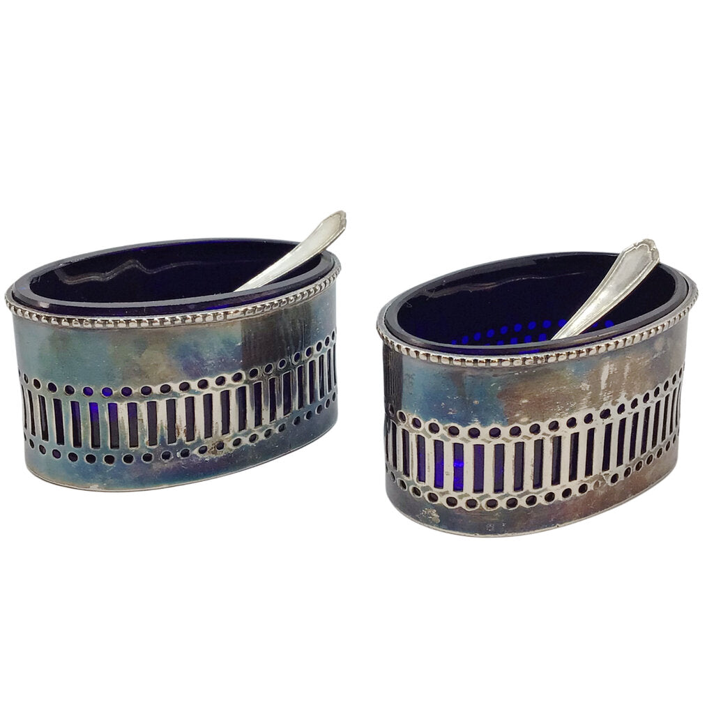 Pair/Silverplated & Blue Glass Salt Cellars w/Sterling Salt Spoons