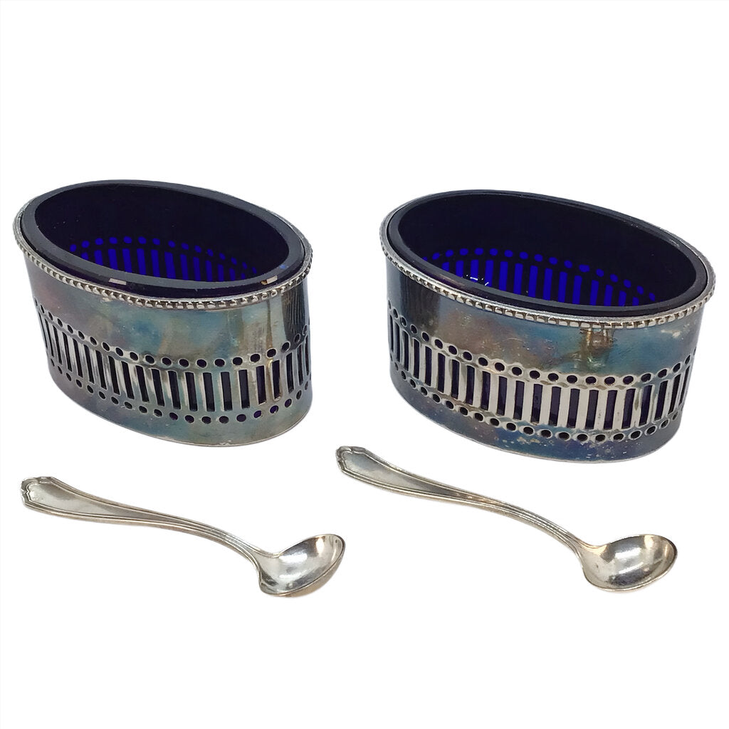 Pair/Silverplated & Blue Glass Salt Cellars w/Sterling Salt Spoons