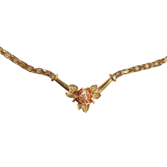 14Kt Chain Necklace w. Diamond Set Flower Pendant in Yellow & Rose Gold