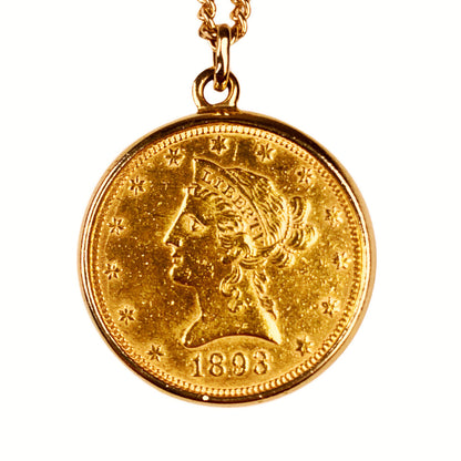 1893 Ten Dollar Liberty Head Gold Coin & 14Kt Gold Chain