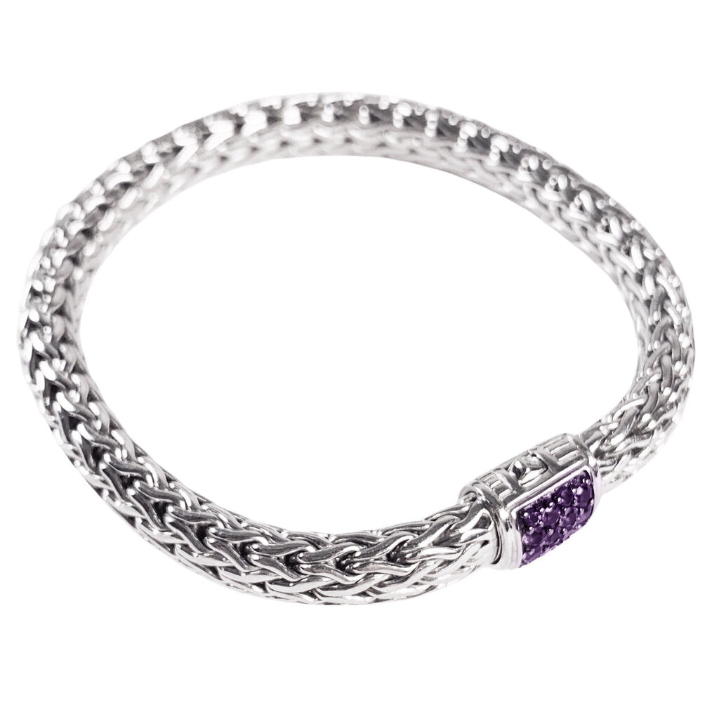 John Hardy Icon Braided Sterling Bracelet w. Amethyst-Set Clasp