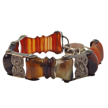 Antique Scottish Hardstone Bracelet w. Carnelian & Agates Separated by Engraved Silver Panels