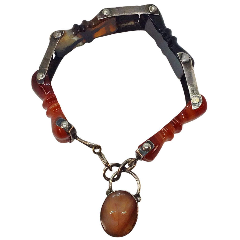 Antique Scottish Hardstone Bracelet w. Carnelian & Agates Separated by Engraved Silver Panels