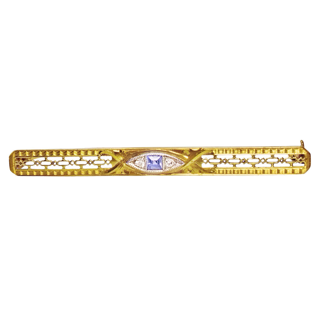 Antique 14Kt Gold Bar Brooch w. Blue Gemstone & Diamonds