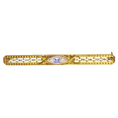 Antique 14Kt Gold Bar Brooch w. Blue Gemstone & Diamonds