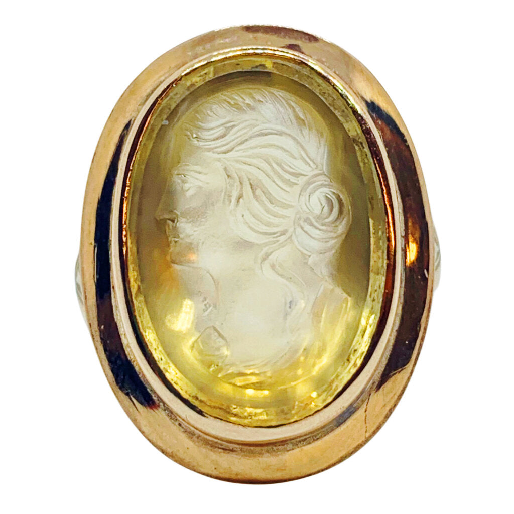 14Kt Gold Ring Set w. Alto Rilievo Carved Yellow Gemstone