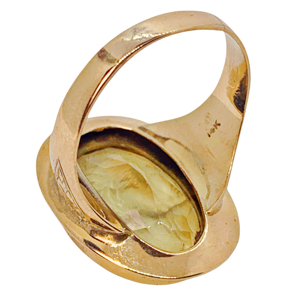 14Kt Gold Ring Set w. Alto Rilievo Carved Yellow Gemstone