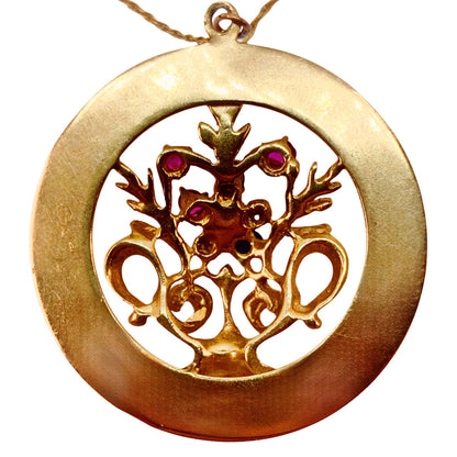 14Kt Gold Circle Pendant w. Vase Design & Flowers Set w. Rubies Sapphires and a Pearl w. 14Kt Gold Chain