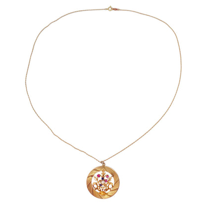 14Kt Gold Circle Pendant w. Vase Design & Flowers Set w. Rubies Sapphires and a Pearl w. 14Kt Gold Chain