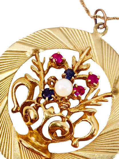 14Kt Gold Circle Pendant w. Vase Design & Flowers Set w. Rubies Sapphires and a Pearl w. 14Kt Gold Chain