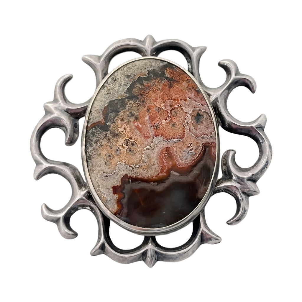 Navajo Sand Cast Sterling Brooch w. Lace Agate