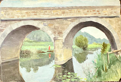 French Landscape w/Arched Bridge. French. Late 19thc. Oil on Board