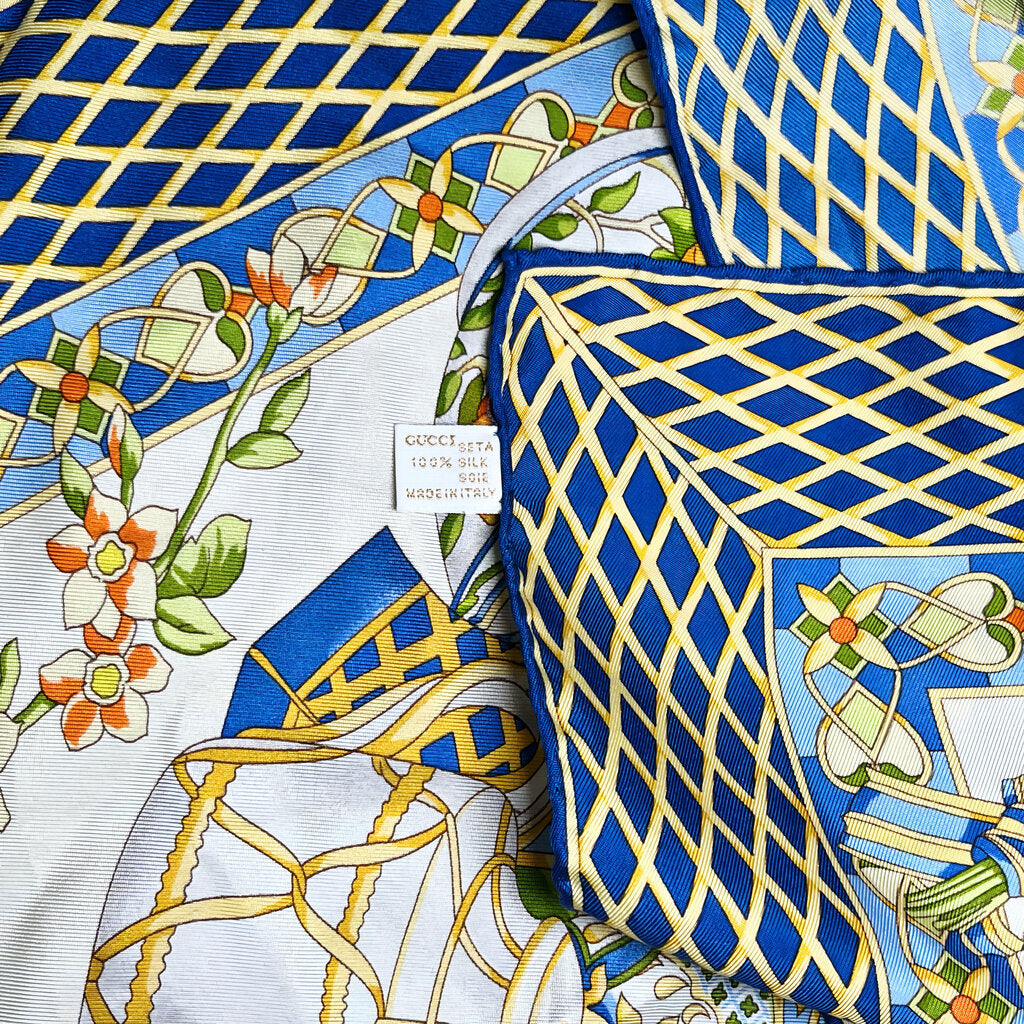 GUCCI Navy Gold Beige Vases Silk Scarf