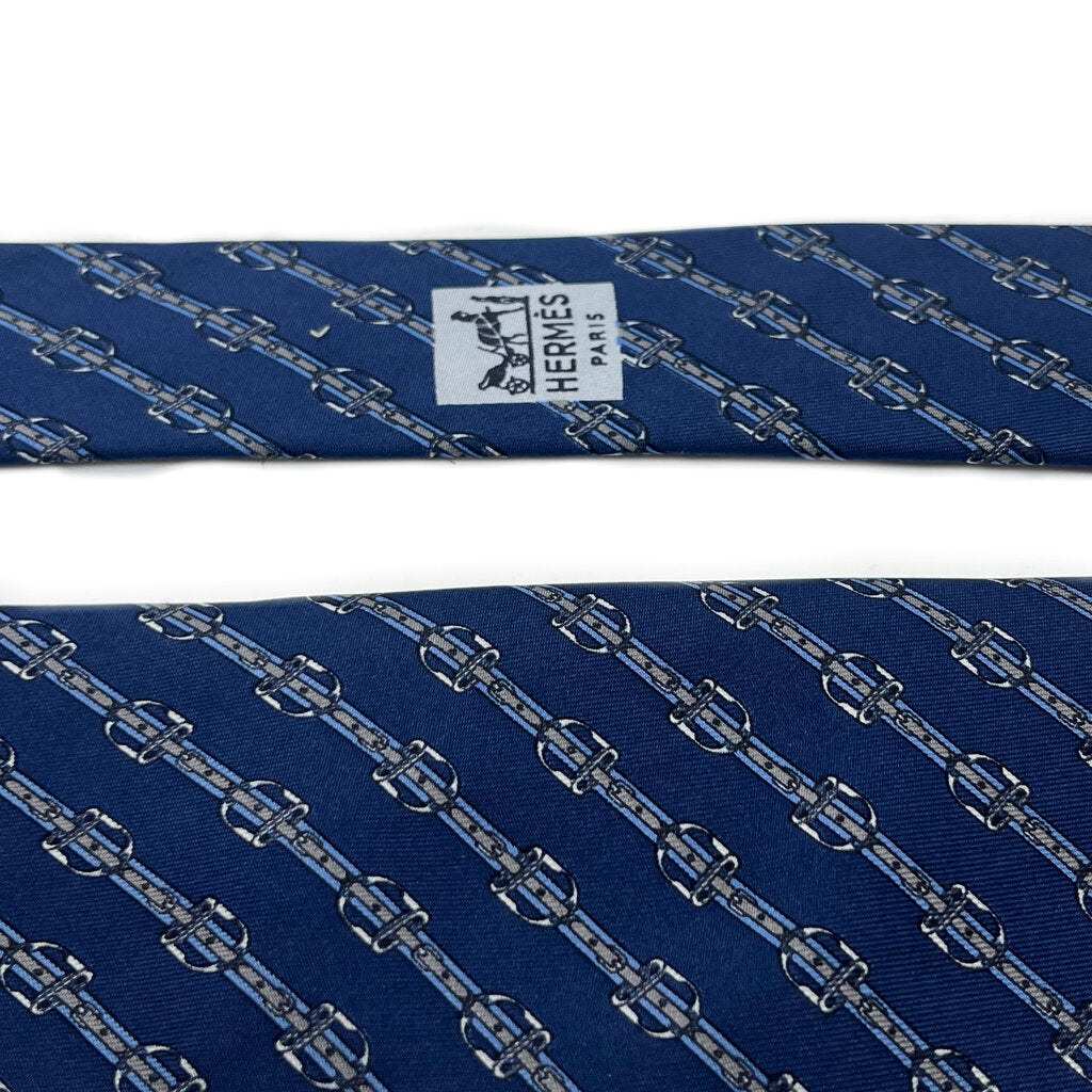 Hermes Navy w. Silver Chain Link Pattern Silk Necktie