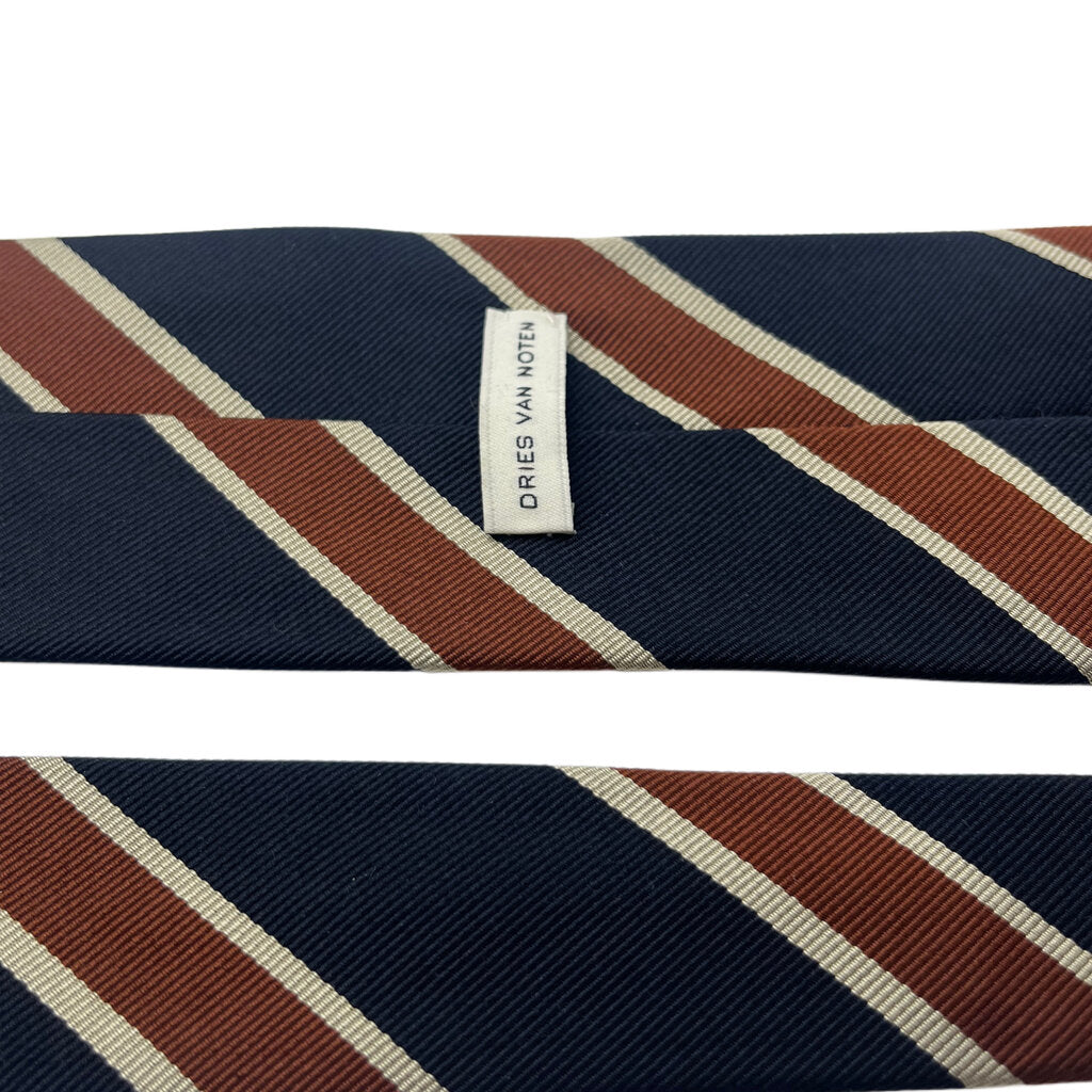 Dries Van Noten Navy Rust & Cream Stripes Silk Necktie