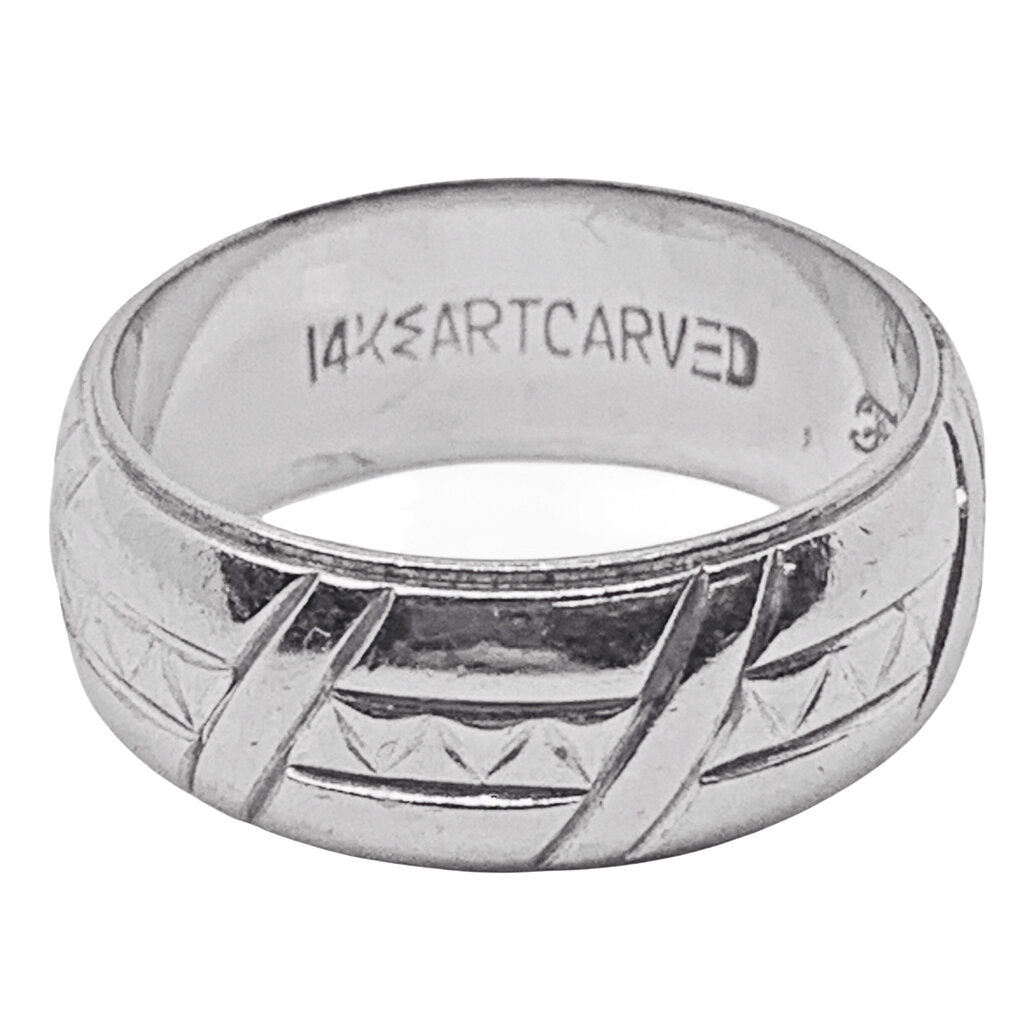 14Kt Art Carved White Gold Ring Inscribed Inside Shank