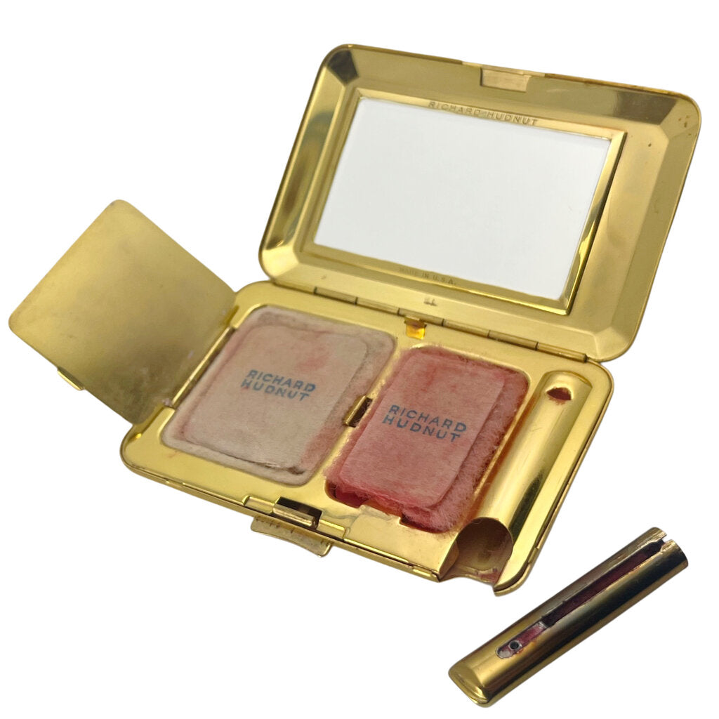 Richard Hudnut Vintage Compact w. Powder Puff Rouge & Concealed Lipstick