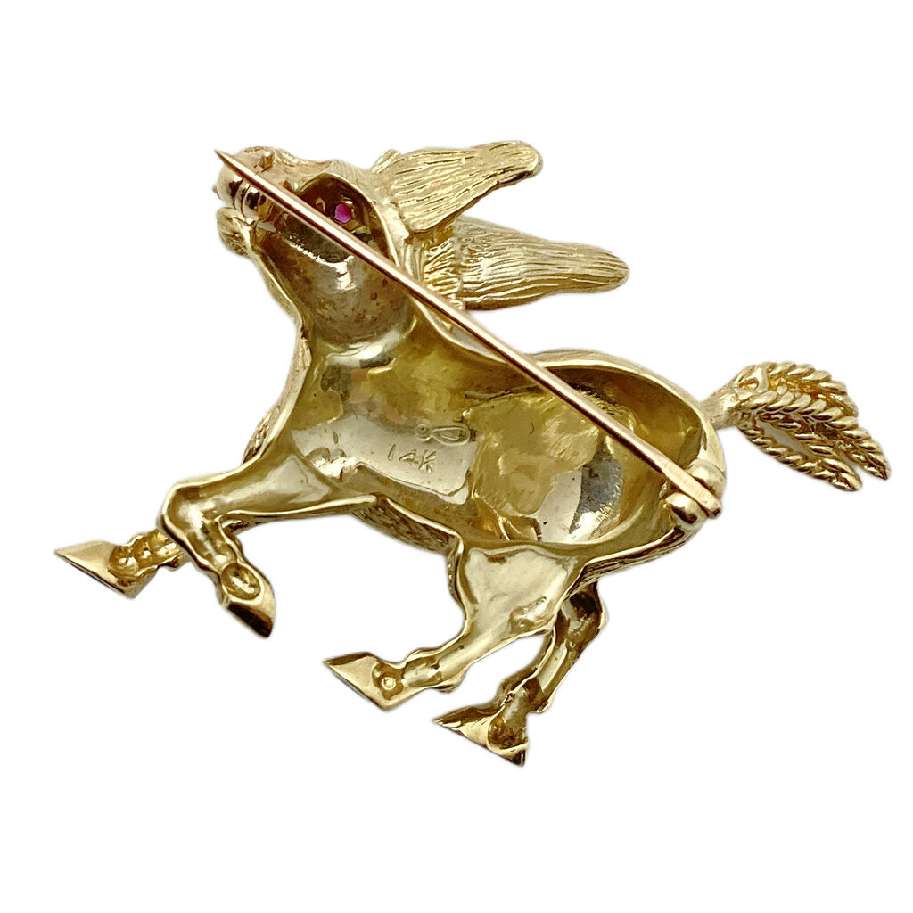 14k Gold Donkey Pin / Brooch w. Ruby Eye