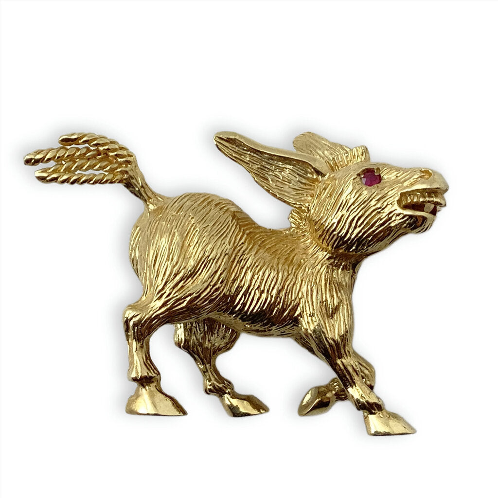 14k Gold Donkey Pin / Brooch w. Ruby Eye