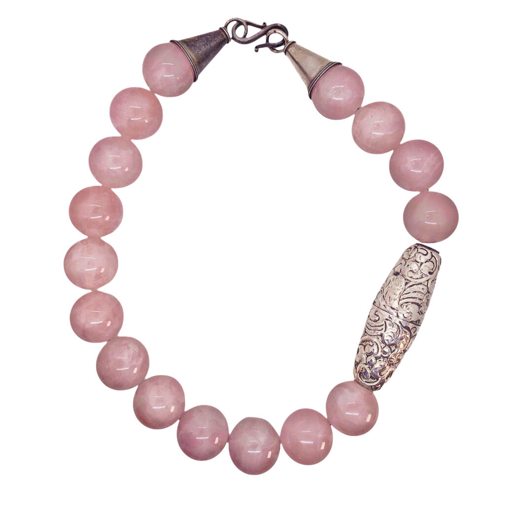 Bobbie Medlin Rose Quartz Large Bead Necklace w. Large Tibetan Bead & Silver End Caps
