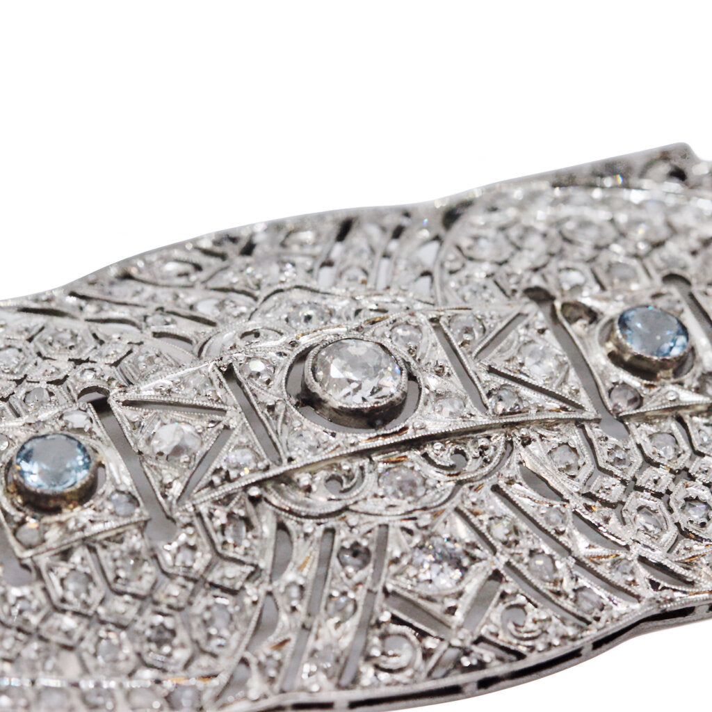 Art Deco Platinum Diamond & Aquamarine Brooch