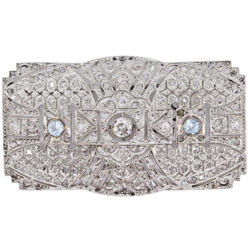 Art Deco Platinum Diamond & Aquamarine Brooch