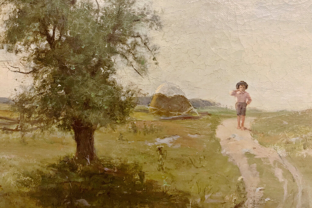Barefoot Boy & Tree. Oil on Canvas. American C. 1910