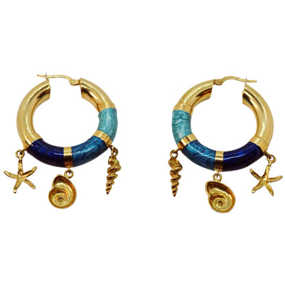 UnoAErre 18Kt Gold & Enamel Hoop Earrings w. Seashell Decorations