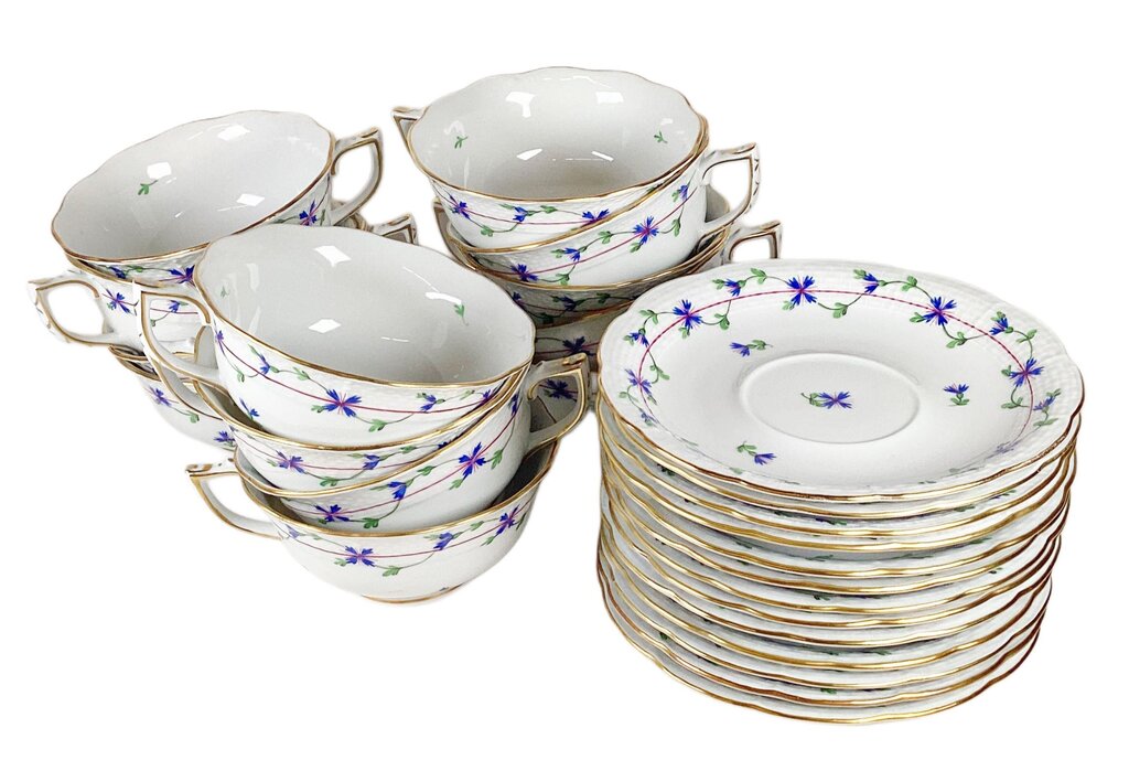 S/13 Herend Blue Garland Tea Cups & Saucers