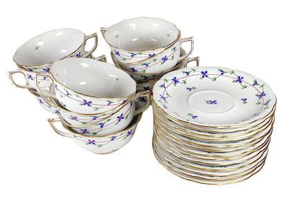 S/13 Herend Blue Garland Tea Cups & Saucers