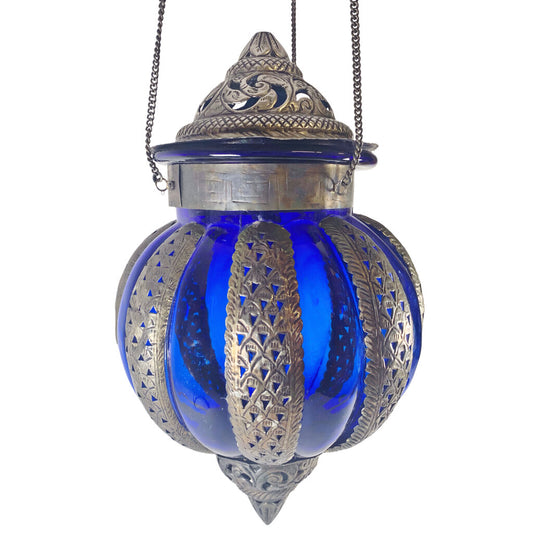 Vintage Moroccan Metal and Blue Glass Hanging Candle Lantern Candle