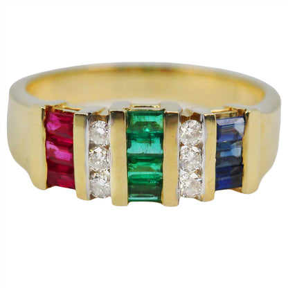 Ruby Emerald Sapphire & Diamond Ring in 14Kt Gold