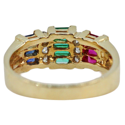 Ruby Emerald Sapphire & Diamond Ring in 14Kt Gold
