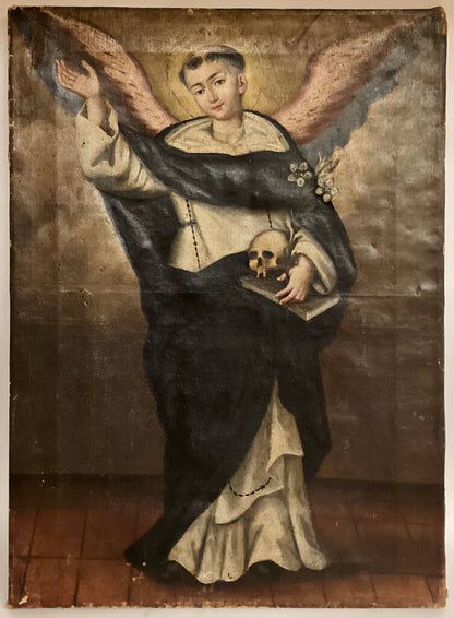 Oil on Canvas Retablo of St. Vincent Ferrer w. Skull. 19th Century