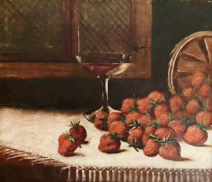 Still Life. Strawberries w Wine Glass. Oil on Canvas. 19th Century