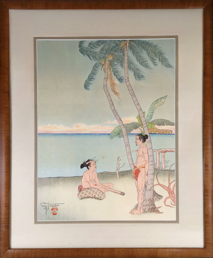Paul Jacoulet. "Apres la Pluie, Tarang Yap". Colored Woodblock Print. Signed Lower Left