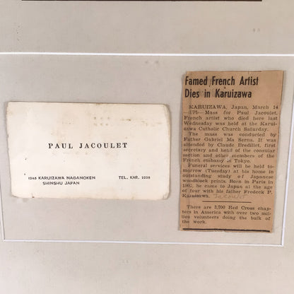 Paul Jacoulet Calling Card Mounted w. Contemporary Notice of His Death in Japan. Also w. a Facsimile Self Portrait