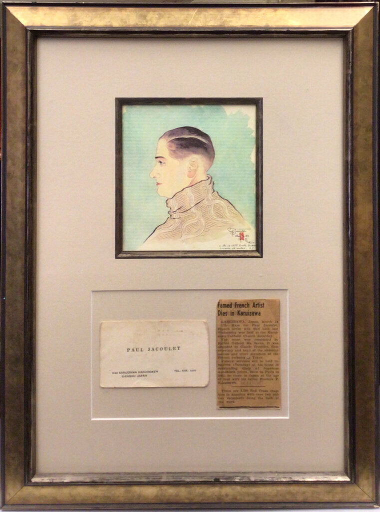 Paul Jacoulet Calling Card Mounted w. Contemporary Notice of His Death in Japan. Also w. a Facsimile Self Portrait