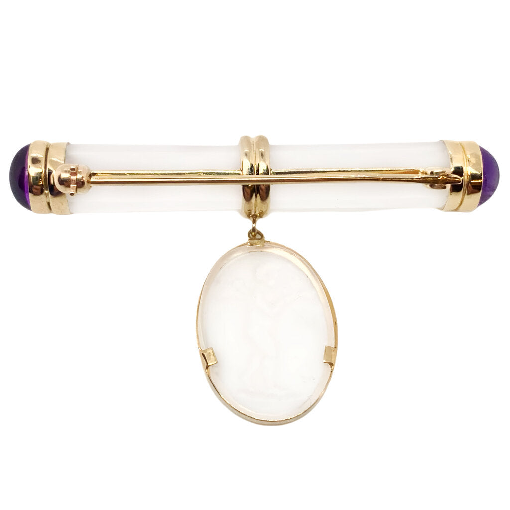 Vintage Rock Crystal Brooch Suspending Rock Crystal Relief of Cupid w. Amethyst Terminals in 14Kt Gold