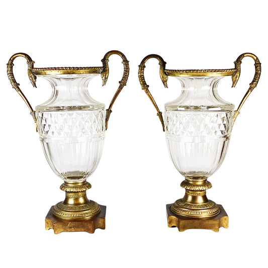 Pair of French Crystal Glass Urn Vases w Dore Bronze Mounting. Early 19th c