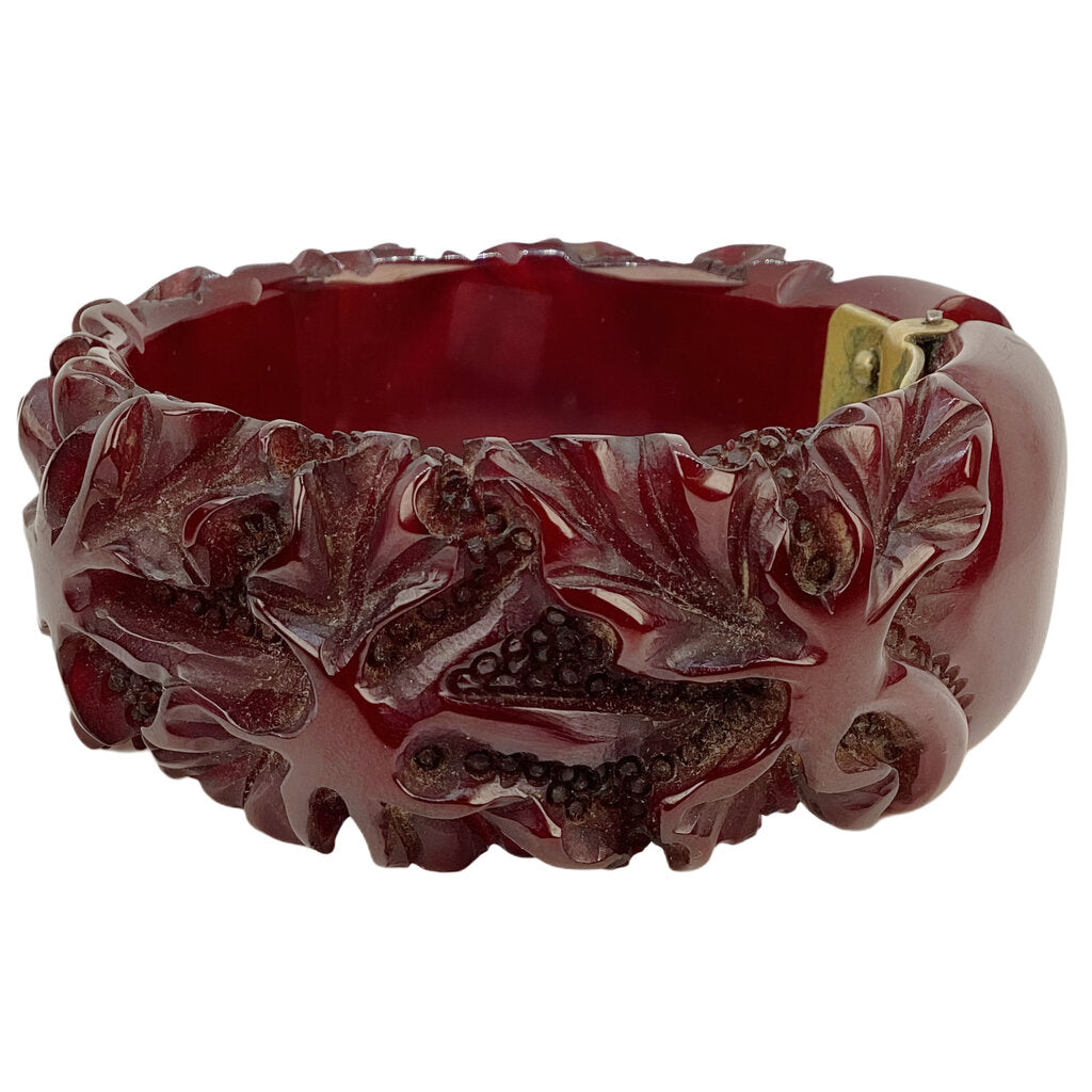 Vintage Carved Dark Red Bakelite Hinged Bracelet