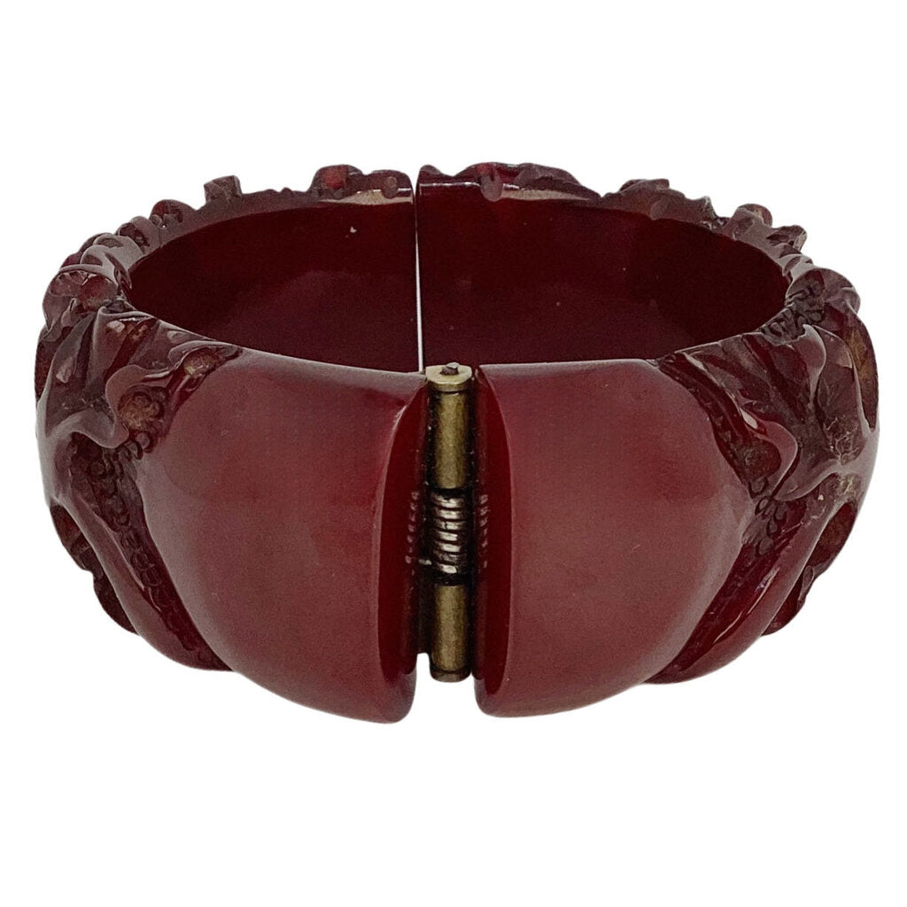 Vintage Carved Dark Red Bakelite Hinged Bracelet