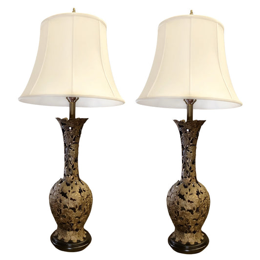 Mid Century Openwork Metal Lamps w. New Silk Shades